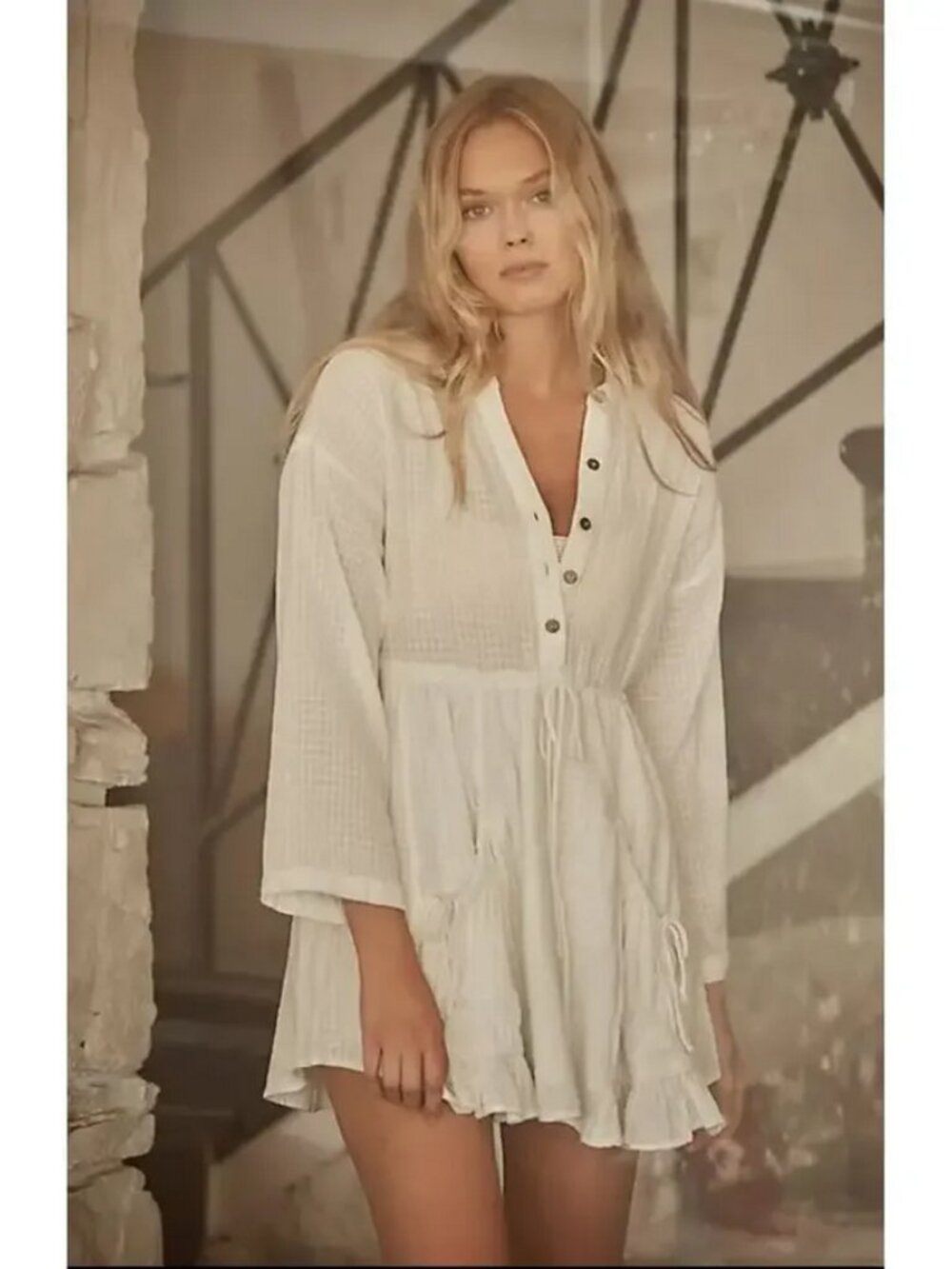 Free People So Serene Mini Dress Textured Woven Dropped Side Button-Up White L